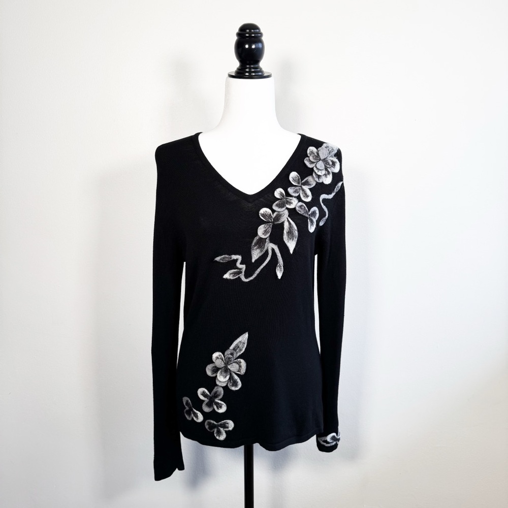 Black Long Sleeve Top with Grey Floral Felt Details
